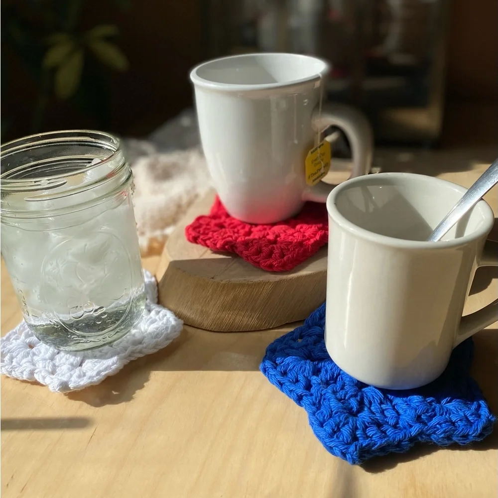 Handmade red, white and blue stars cotton Crochet Coasters Set